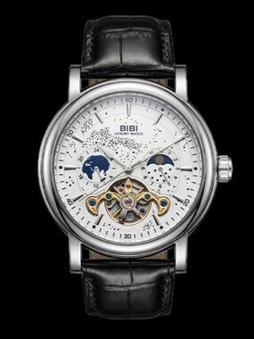 BiBi White Dial Mechanical Watch with Black leather Strap